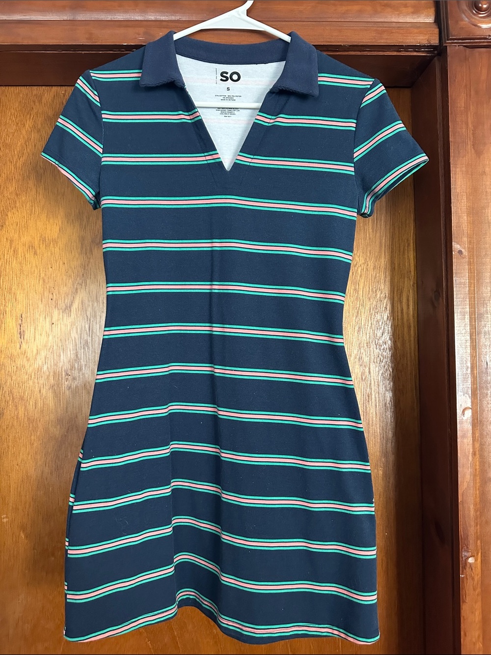 SO Navy Striped Polo Mini Dress with Green & White Bands